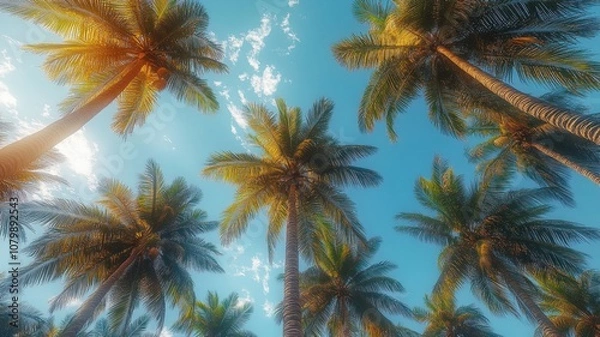 Fototapeta Palm trees in the sky with the sun shining through them. High Quality Image