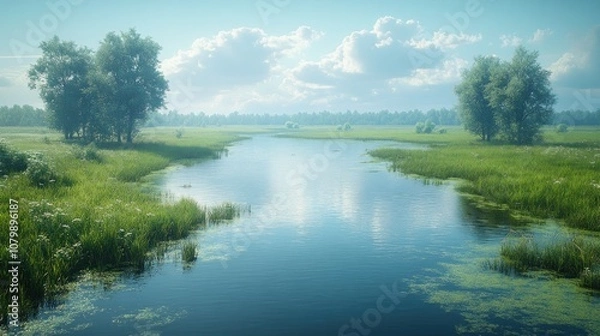 Fototapeta Serene river landscape with lush greenery and soft clouds.