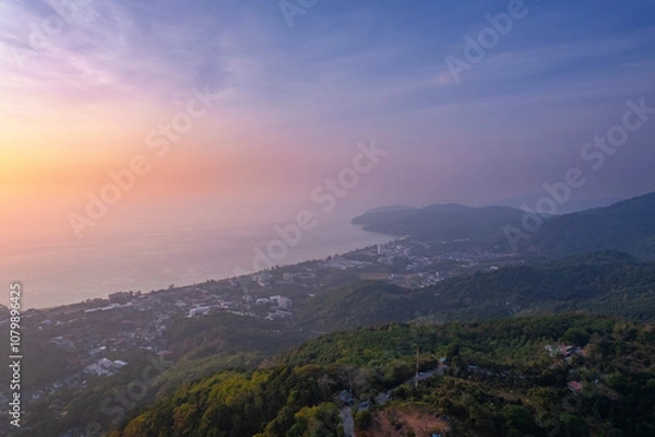 Fototapeta Panorama aerial top view Kata beach of Phuket, travel in Thailand