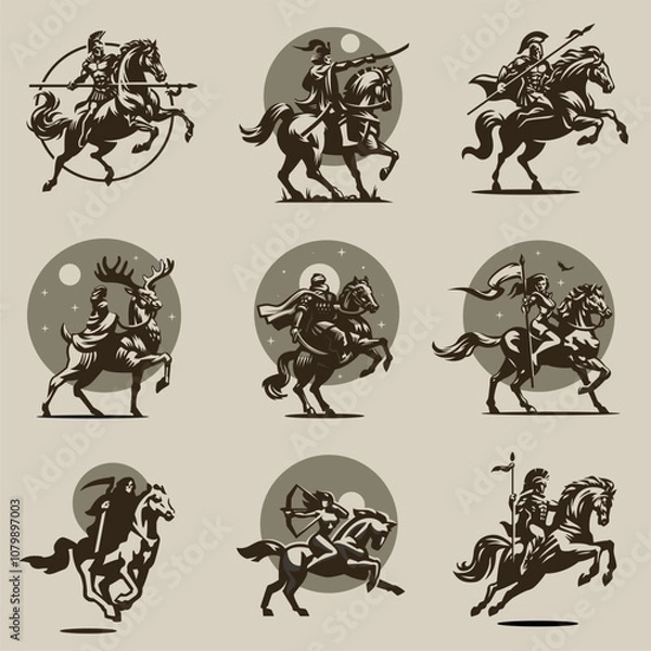 Fototapeta Medieval warrior on horseback detailed vector silhouette