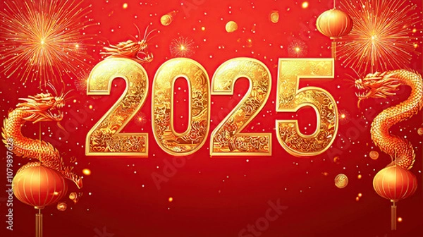 Fototapeta A red background with golden fireworks and lanterns around the numbers "2025", a Chinese New Year theme