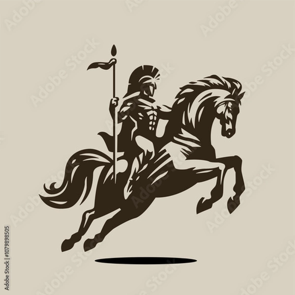 Fototapeta Spartan warrior riders with a spear designed using red grunge brush graphic vector.
