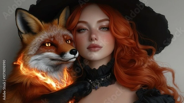 Fototapeta Enchanting encounter mystic fox and sorceress fantasy realm digital artwork whimsical setting close-up view magical connection