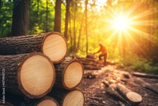Fototapeta Sunset in the Forest with Stacked Logs