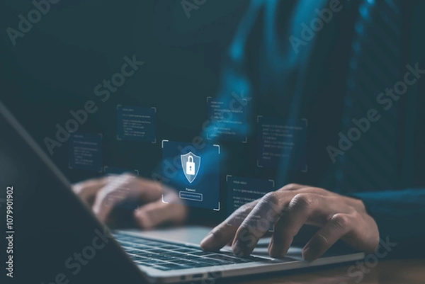 Obraz business security concept. safe digital information system that protects private data. safety technology in hacks, and Cyber attacks. cybersecurity passwords.
