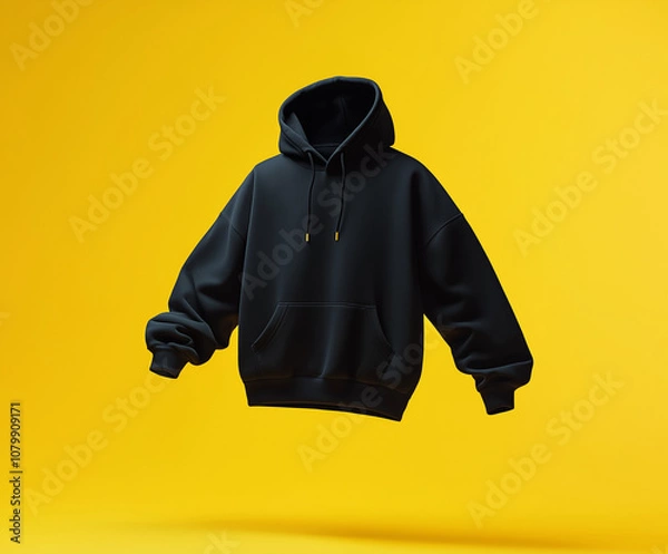 Fototapeta Blank Black Hoodie Mockup with Smooth Texture on Yellow Background