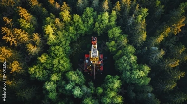 Obraz Aerial View of an Oil Drilling Rig Surrounded by a Vast Green Forest 