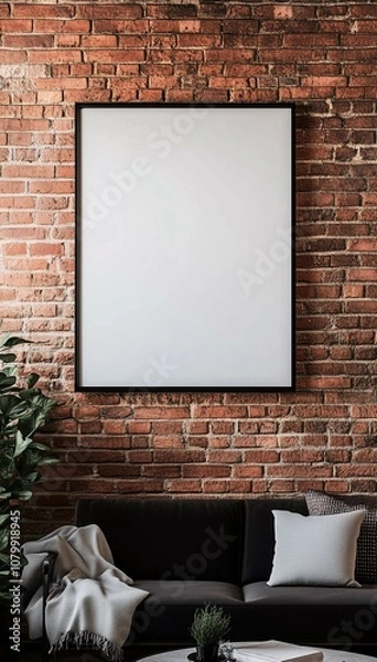 Fototapeta Blank Canvas Frame Mockup on Brick Wall, Empty Billboard Mock Up on Red Brick Wall in Living Room