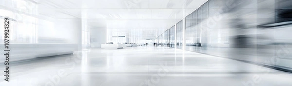 Fototapeta Blurred modern office space with white walls, floor, and rows of computer stations  -