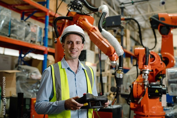 Fototapeta Engineers is controlling robot arm machine welding steel.