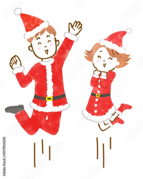 Fototapeta サンタの衣装を着て笑顔でジャンプする男女の手描きイラスト