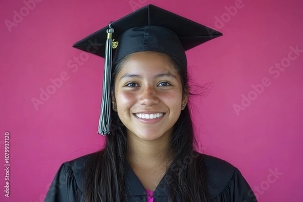 Fototapeta A smiling graduate wearing a cap and gown against a pink background.