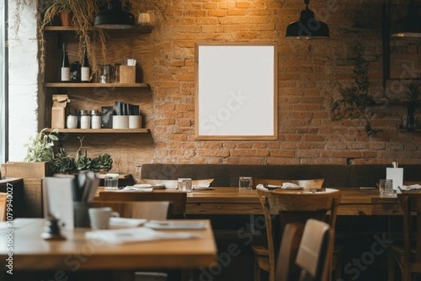 Fototapeta Cozy Cafe Interior with Rustic Charm Wall Frame Mockup