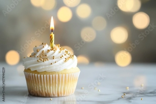 Fototapeta Festive Cupcake with Candle and Bokeh Background