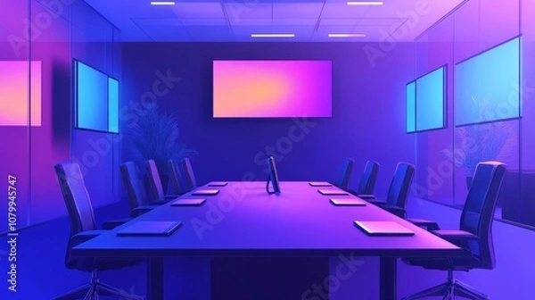 Fototapeta A depiction of a tech conference room equipped with smart technology, video screens, and a sleek design for presentations
