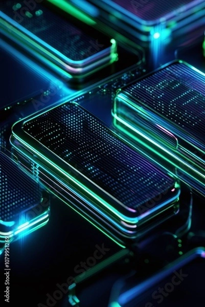 Fototapeta Futuristic Abstract Background with Glowing Neon Smartphone Designs in an Eye-Catching Arrangement, Perfect for Technology and Digital Innovation Themes