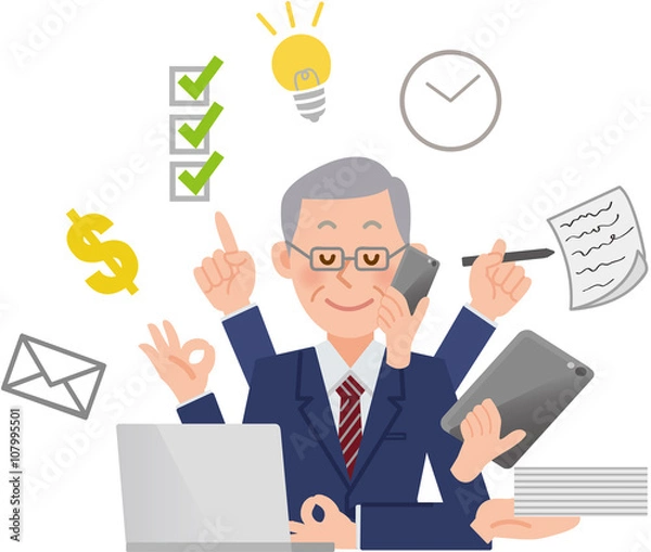 Obraz 優雅にマルチタスクをするシニアのビジネスマン