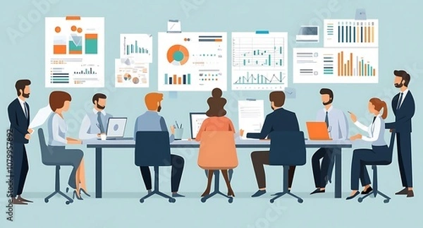 Fototapeta Business professionals gathered around a table with data charts displayed on the wall.