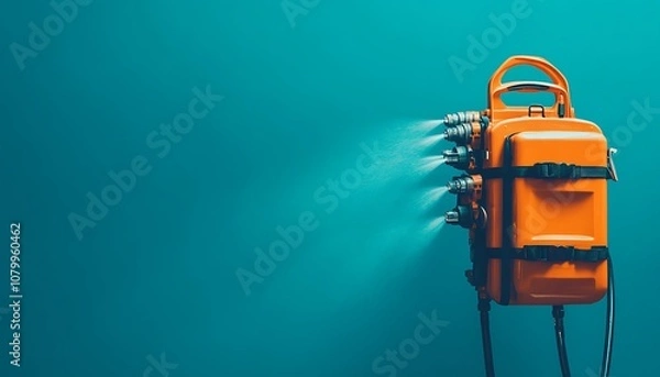Fototapeta Orange Machine with Multiple Nozzles Spraying Water on Teal Background