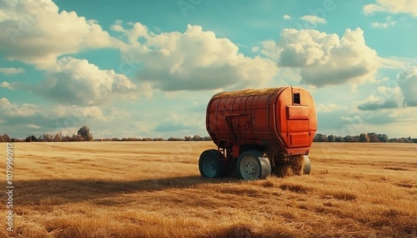 Obraz Red Hay Wagon in a Golden Field Under a Cloudy Sky