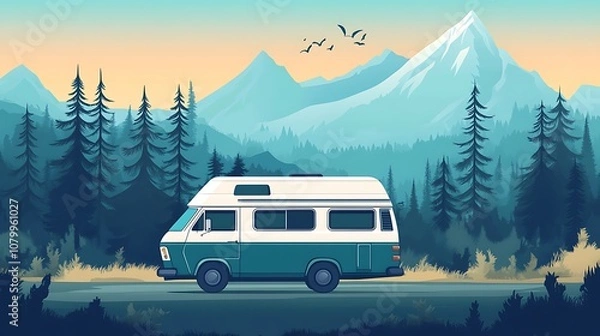 Fototapeta A Vintage Camper Van Parked in a Mountainous Forest Setting