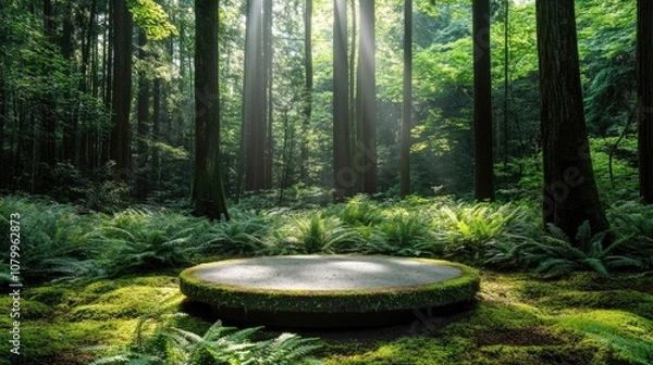 Fototapeta Discover Tranquility in a Lush Forest with Sunlight Streaming Through Trees