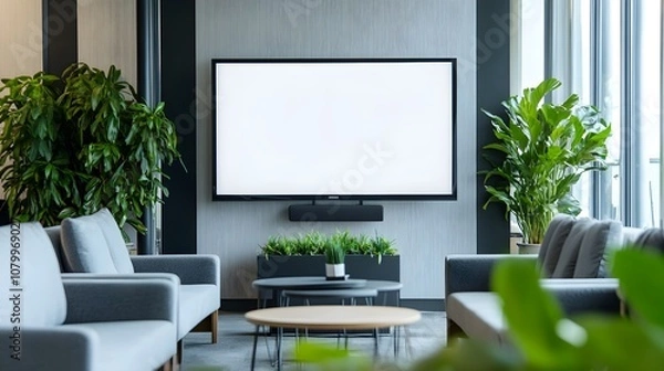 Fototapeta A blank TV screen in a modern office lounge with comfortable sofas, green plants, and a coffee table, for business or corporate videos.