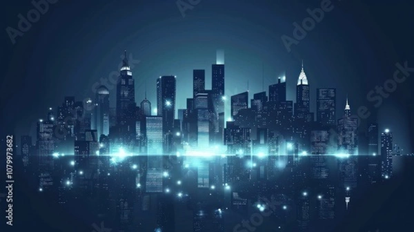 Fototapeta A digital city skyline at night, illuminated with blue lights and reflections.