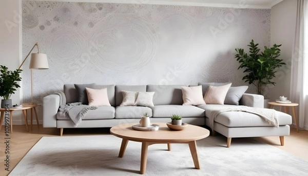 Fototapeta Scandinavian living room interior design zoom background,Doodle patterned wallpaper graphics