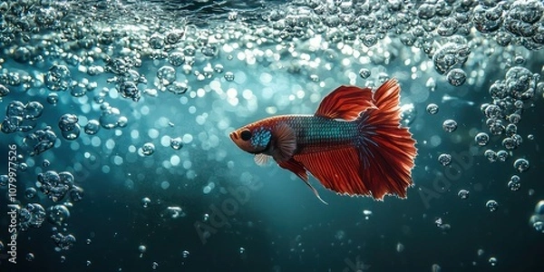 Fototapeta Betta fish and air bubbles on the water surface