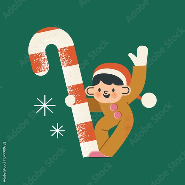 Fototapeta Cute elf is holding a Christmas candy. Santas helper in red hat waving hand on green background. Vintage style of the character. Vector flat illustration.