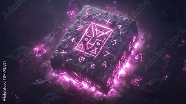 Fototapeta Isometric floating rune stone with glowing symbols and magical energy, radiating light
