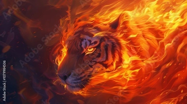 Obraz A fiery tiger's head emerges from flames, symbolizing power and intensity.