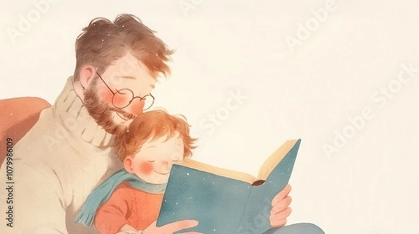 Fototapeta Parent reading to child on sofa, holiday lights in background, representing Christmas magical family moment