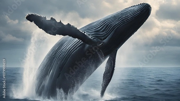 Obraz Humpback whale jumping on the surface of the water in the middle of the sea with sunlight covered by cloudy clouds.