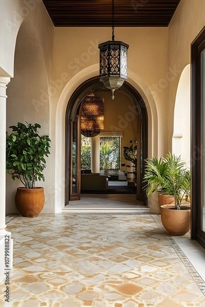Fototapeta A Moroccan Riad villa with arched entrances, intricate tilework, and a peaceful inner courtyard with lush greenery, perfect for an exotic retreat