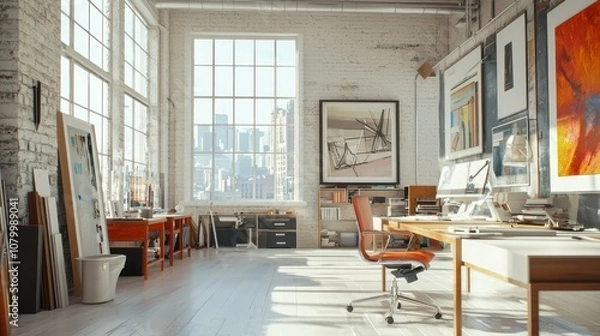 Fototapeta A bright and modern architect office with large windows, design materials, and inspiring artwork on the walls