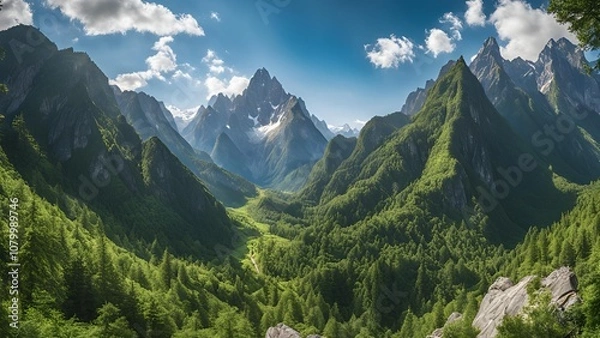 Obraz View of green and lush mountains with misty clouds in the blue sky