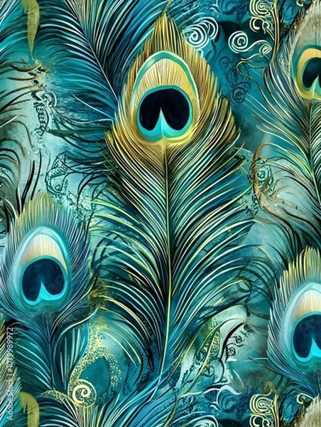 Fototapeta A pattern of peacock feathers in shades of blue, green, and turquoise, with intricate details and a luxurious look.