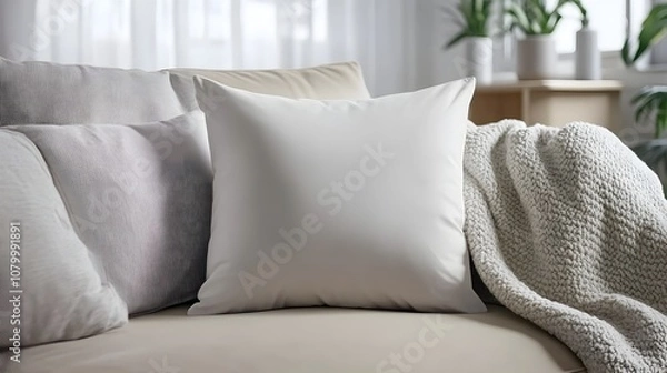 Fototapeta A plain throw pillow on a cozy couch, in a stylish living room with blankets and decor, ideal for home decor or quote mockups.