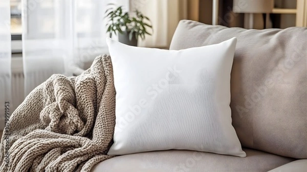 Fototapeta A plain throw pillow on a cozy couch, in a stylish living room with blankets and decor, ideal for home decor or quote mockups.