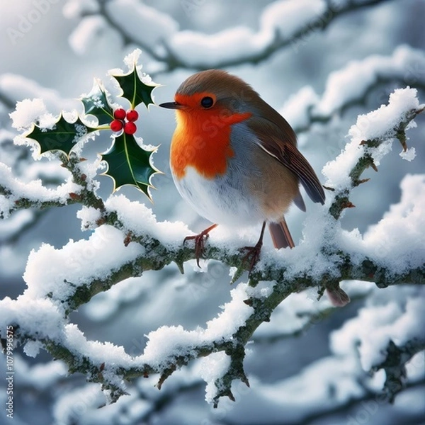 Fototapeta Robin on a Snowy Branch – A small robin perched on a snow lade