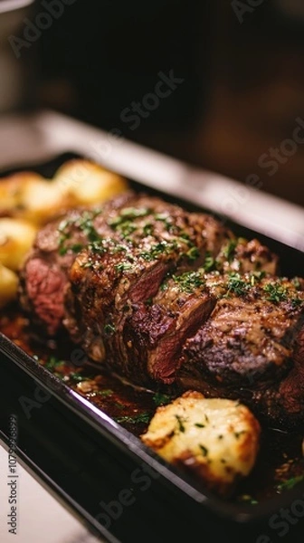 Obraz A delicious roast beef served with golden potatoes, garnished with fresh herbs, perfect for a hearty meal.