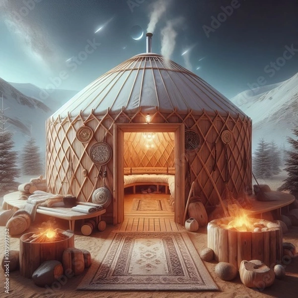 Fototapeta Sauna Yurt A circular portable sauna built in the style of a tra