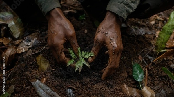 Fototapeta Planting a Young Fern in a Forest Environment