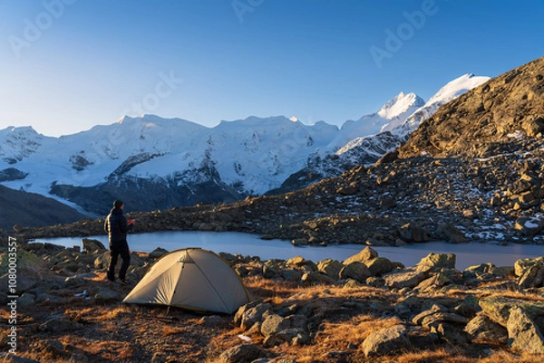Fototapeta A hiker enjoying his coffee at a beautiful campsite in the Bernina mountain range. Switzerland.