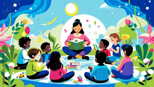 Fototapeta Diverse Children Enjoying Story Time in a Colorful Outdoor Setting