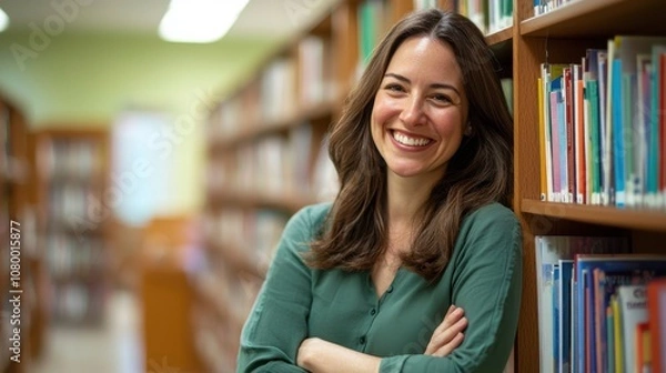 Fototapeta A teacher smiles while leaning against a bookshelf in a classroom, representing approachability, encouragement, and the warmth educators bring to foster student confidence