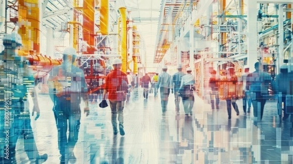Obraz A bustling industrial space with people walking among machinery and vibrant colors.