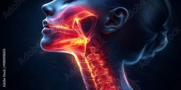 Fototapeta Woman's Face and Neck Digital Illustration: Futuristic Glow with Red and Orange Lines on Dark Blue Background
